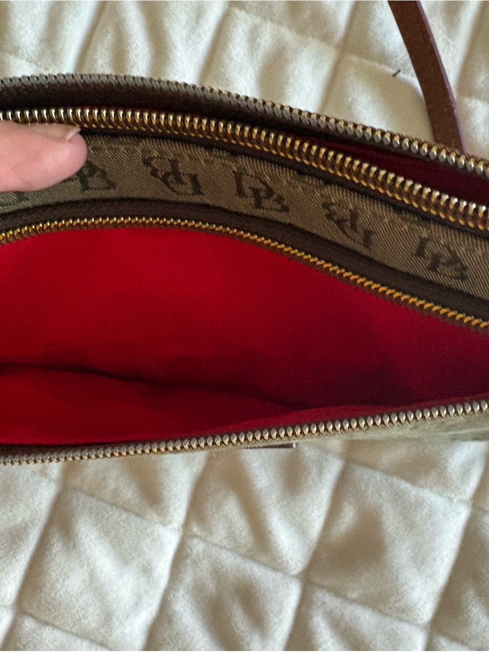 Dooney & Bourke Green Monogram Wristlet/purse with Brown Leather Trim - Picture 3 of 12
